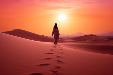 Fototapeta na wymiar The Lonely Wanderer: A Serene Journey Through the Desert Sands at Sunset