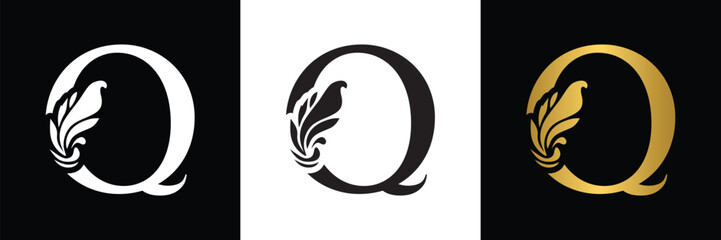 letter Q. Black, white and golden  flower alphabet. Beautiful capital letters 