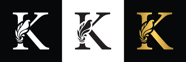 letter K. Black, white and golden  flower alphabet. Beautiful capital letters 