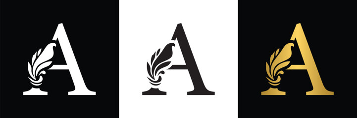 letter A. Black, white and golden flower alphabet. Beautiful capital letters 