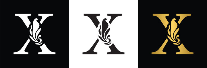 letter X. Black, white and golden  flower alphabet. Beautiful capital letters 