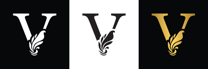 letter V. Black, white and golden  flower alphabet. Beautiful capital letters 