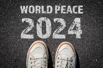 World Peace 2024 concept. Human legs and shoes on asphalt background