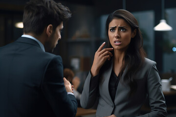 Angry businessman arguing with businesswoman about failure at workplace, executives having conflict over responsibility for bad work results, partners disputing about contract during meeting - obrazy, fototapety, plakaty