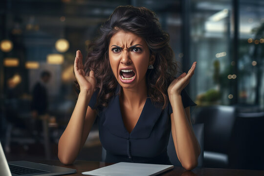 Young upset businesswoman screaming with tense hands in modern office. Very angry and stressed business woman shouting and frowns in workplace.