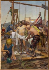  TREVISO, ITALY - NOVEMBER 8, 2023: The painting   Jesus is stripped of His clothes as part of Cross way stations in the church La Cattedrale di San Pietro Apostolo by Alessandro Pomi (1947). © Renáta Sedmáková