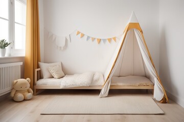 Kids minimalist white background with child tent, blanket pillow and toy on parquet flooring, child room nursery interior design
