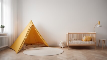 Kids minimalist white background with child tent, blanket pillow and toy on parquet flooring, child room nursery interior design - obrazy, fototapety, plakaty