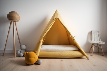 Kids minimalist white background with child tent, blanket pillow and toy on parquet flooring, child room nursery interior design - obrazy, fototapety, plakaty