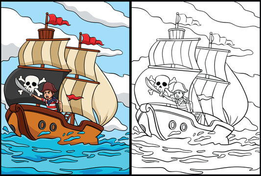 Pirate Ship Coloring Page Colored Illustration