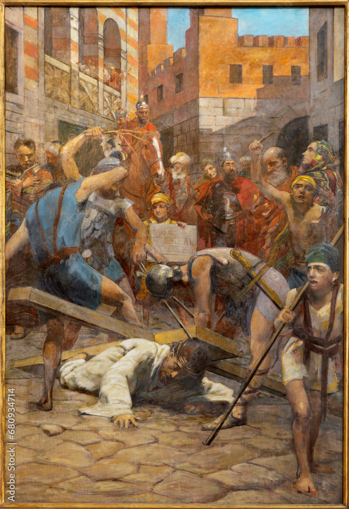 Wall mural treviso, italy - november 8, 2023: the painting jesus fall under the cross as part of cross way stat