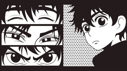 Close up eye look of manga style characters. Anime young boy eyes set. Asian culture cartoon style eyes. Black and white comic cartoon manga vector template for you designs. - obrazy, fototapety, plakaty