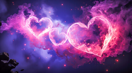 Interlocking light hearts of ethereal pink and purple smoke against a cosmic galaxy backdrop offer a romantic scene for futuristic Valentine's Day card backgrounds. Galaxy abstract background - obrazy, fototapety, plakaty