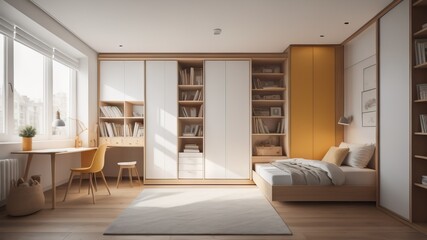  Modern child room interior with comfortable bed and desk