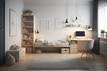  Modern child room interior with comfortable bed and desk