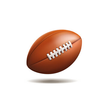 3D brown rugby ball on a white background. American football, soccer, sports competitions, tournaments, and the Super Bowl. Vector