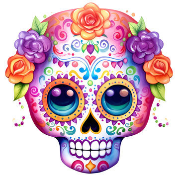 Cute Sugar Skull Mexican Watercolor Clipart Illustration