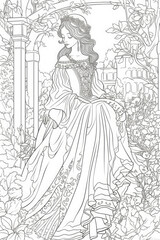 A simple fairytale coloring page, low detail, no shadding, line drawing, vintage styleA simple fairytale coloring page, low detail, no shadding, line drawing, vintage style