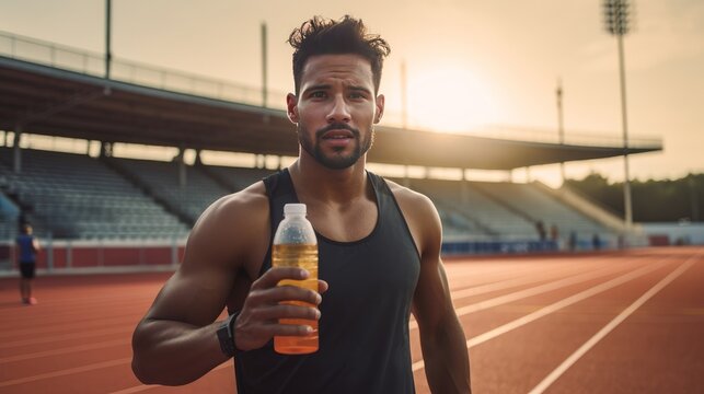 Focused male athlete with a sports drink on the track, poised against the backdrop of a setting sun and stadium. Ai generated
