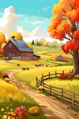 Autumn farm landscape, beautiful postcard illustration.