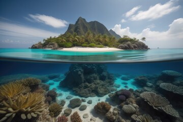 Fototapeta na wymiar Tropical island in the ocean with coral reefs and fish