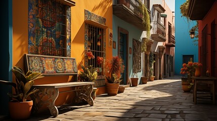 narrow street in mexico, colourful houses