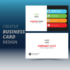 Creative business card, Personal visiting card with company logo, Vector illustration, Stationery design, Minimal Business Card layout with Blue, Green, Black and Red Accent.