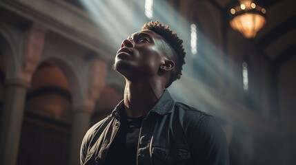 A young black African man, spiritual and reflective, praying in a sunlit field, gazing upwards, captured with natural lighting and desaturated tones. - obrazy, fototapety, plakaty