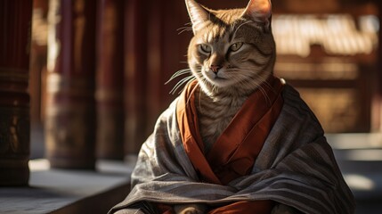 Fototapeta na wymiar Cat in Monk's Robes Beside Tranquil Lake: Reflective View