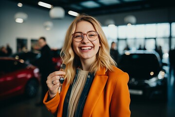 A young happy woman bought a new car for leasing. Keys in hand. Expensive car dealer business. Automotive industry. Girl buying car in showroom. Generative AI.