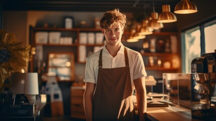 Young man barista at a coffee shop