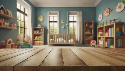  Empty wooden table top and blurred kids room interior on the background. Copy space for your object, product, toy presentation. Display, promotion, advertising - obrazy, fototapety, plakaty
