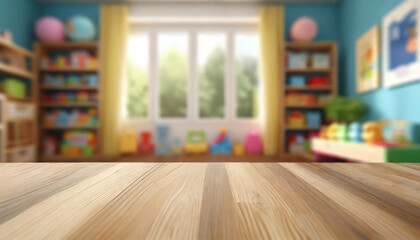  Empty wooden table top and blurred kids room interior on the background. Copy space for your object, product, toy presentation. Display, promotion, advertising