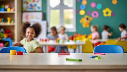  Playful Learning- An Empty Table in the Forefront of a Blurred Preschool Setting