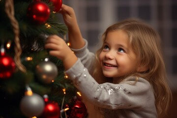 Fototapeta na wymiar Happy child small girl decorating christmas tree, celebrating christmas with family. Generative AI