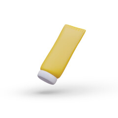 Realistic yellow tube with white cap. Object is in inclined position with shadow. Unlabeled packaging, vector mockup. Cosmetic product, detergent. Template for website design, application