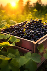 Black currant harvested in a wooden box in a farm with sunset. Natural organic fruit abundance. Agriculture, healthy and natural food concept. Vertical composition.