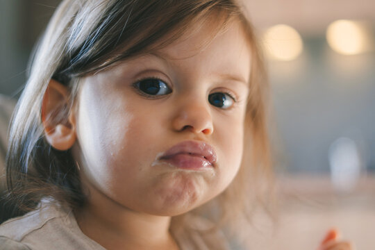 Portrait of a little girl with dirty mouth after she finished eating everything from her plate, looking at camera.