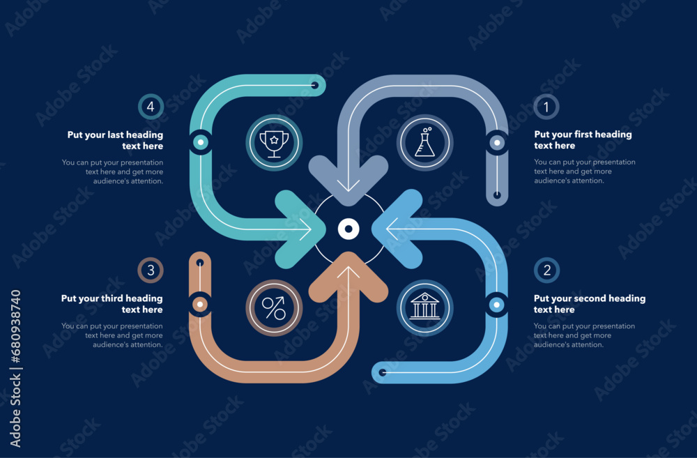 Fototapete Infographic process template with four steps - dark version. SImple chart design for workflow layout, diagram, banner, web design.