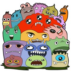 Hand-drawn illustrations, monsters doodle, Hand Drawn cartoon monster illustration,Cartoon crowd doodle hand-drawn Doodle style.