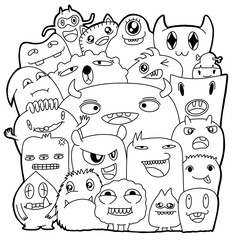 Hand-drawn illustrations, monsters doodle, Hand Drawn cartoon monster illustration,Cartoon crowd doodle hand-drawn Doodle style.black and white stripes coloring  book.