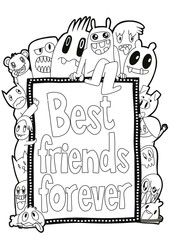 Hand-drawn illustrations, monsters doodle, Hand Drawn cartoon monster illustration,Cartoon crowd doodle hand-drawn Doodle style.black and white stripes coloring  book.