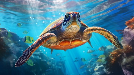 Portrait of a happy sea turtle swimming underwater