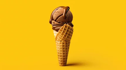Foto auf Alu-Dibond Chocolate ice cream in waffle cone on a yellow background © Daisha