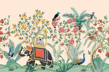 Vintage botanical garden tree, elephant, peacock bird, lemon tree, plant floral seamless border. Exotic chinoiserie mural.	
