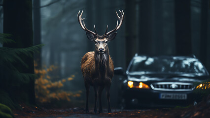 A deer was standing on the shoulder of the road and there was a car nearby.