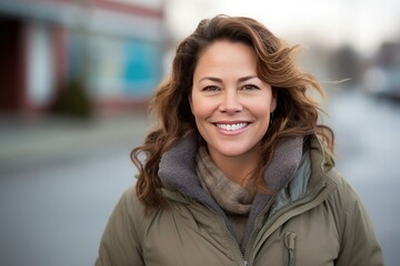 European woman 40 years old in a winter jacket against a background of blurred street