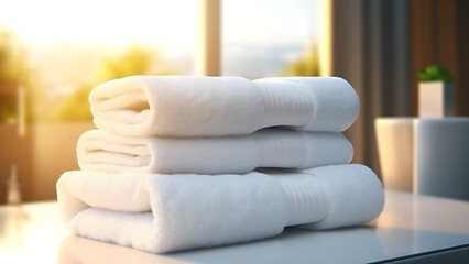White towels stacked on the table in the bathroom.