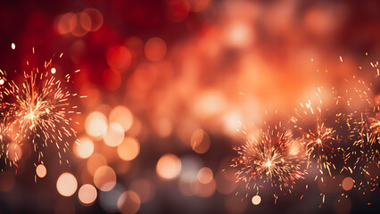 Red and Gold Fireworks and bokeh background. New Year's eve concept. - obrazy, fototapety, plakaty