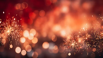 Fotobehang Red and Gold Fireworks and bokeh background. New Year's eve concept. © Art.disini